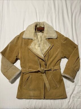 Vtg Cayenne Tan Suede Faux Fur Trim Belted Moto Jacket Coat Medium Y2K Boho